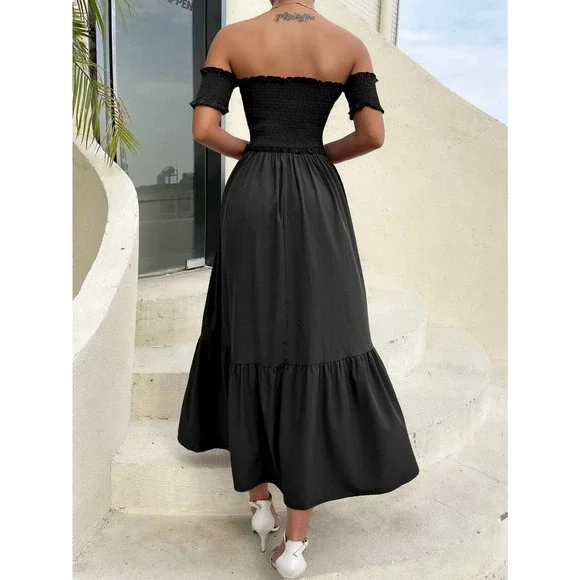 Off the Shoulder Shirred Bodice Ruffle Hem maxi Dress boho black - Picture 2 of 6